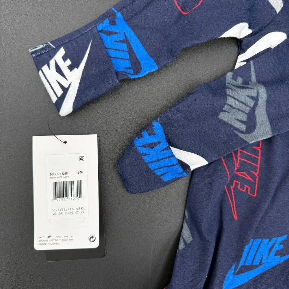Nike Baby Footed‎ Pajamas 3M Blue Multicolor Navy Logos Cotton Blend 56G821-U90